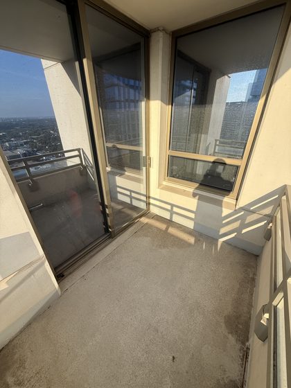 Balcony before cleaning &mdash; years of built-up pollen and dust across the concrete, with dark staining along the railing edge.